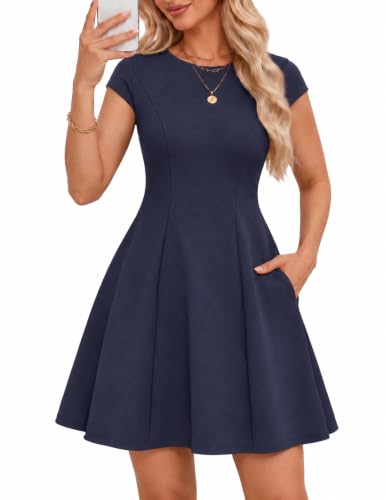 Meetjen Women's Short A Line Summer Party Cocktail Dresses, Navy, L | Short Sleeve, Mini Homecoming Dresses with Pockets, Evening Gowns, Mother of the Bride, Formal Wedding Guest Dress