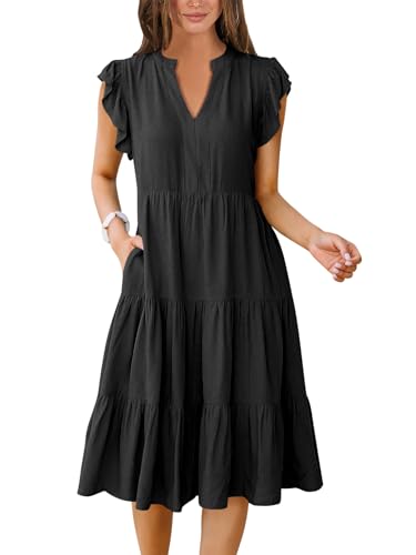 ANRABESS Womens Summer Dress Ruffle Sleeve V Neck Midi Dresses Black