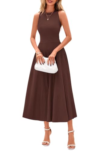 PRETTYGARDEN Women's Summer Pleated Midi Work Dress,Brown,S