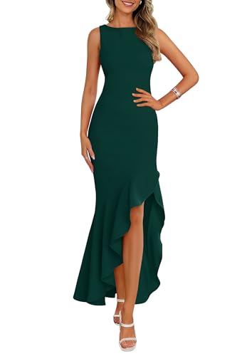 PRETTYGARDEN Wedding Guest Dresses for Women 2026 Summer Formal Gala Maxi Dress Ruffle Mermaid Cocktail Long Dresses(Dark Green,Small)