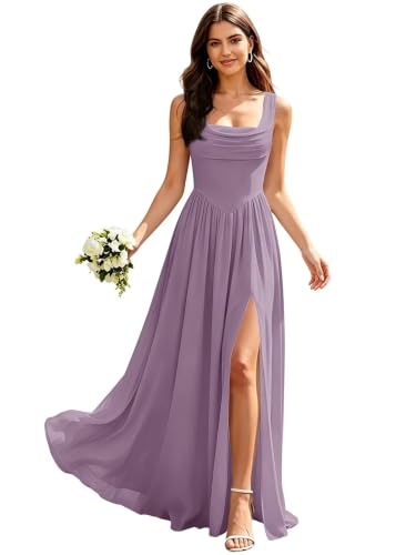 Memoryfic Spaghetti Straps A Line Bridesmaid Dresses 2026 Wisteria US6 | Chiffon, Spaghetti Straps, Square Neck, A Line, Sleeveless, High Slit, Pleated, Floor Length, Wedding Guest, Evening Gowns