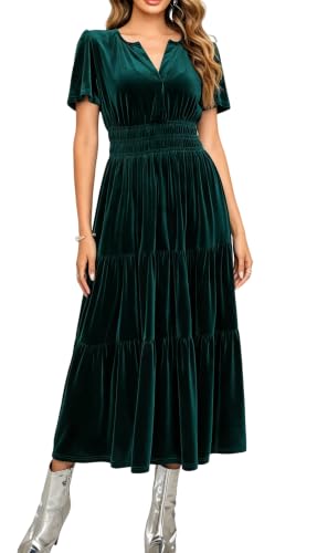 R.Vivimos Women's Fall Winter Vintage Velvet Dress Short Sleeve V Neck Elastic Waist Tiered Ruffle A-Line Flowy Maxi Dress (Large, DarkGreen)