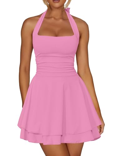 Kaximil Women's Sexy Halter Ruffle Hem Mini Dress, Large, Pink