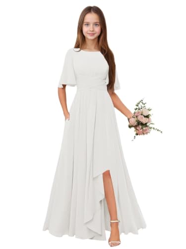 Qgeno Teens Flower Girl Dress Long Ivory Formal Long Gown with Slit for Girls Short Sleeves Chiffon Junior Bridesmaid Dresses Size 8