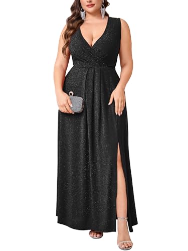 TIARALY Plus Size Sparkly Glitter Formal Maxi A Line Dress Sparkle Wrap Sleeveless Dress Prom Cocktail Evening Gown, Black, 3X