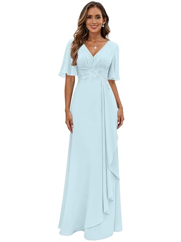 Women's Lace Appliques Light Blue Mother of The Groom Dresses with Pocket Long for Wedding Guest Chiffon V-Neck Mother of The Bride Dress with Ruffly Short Sleeves US6