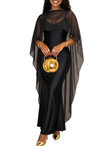 Women’s Satin Bodycon Maxi Dress with Chiffon Cape Wedding Guest Dresses