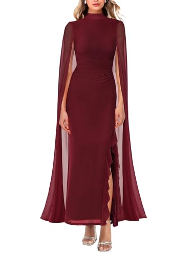 Lrady Women's Wedding Guest Dress Evening Gowns High Neck Formal Cocktail Party Maxi Bodycon Dresses with Cape Sleeve, Wine Red, Large