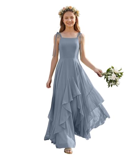 FLwuhui Junior Bridesmaid Dress Square Neck Chiffon Flower Girl Dresses for Wedding Dusty Blue Jr Bridesmaid Dresses US2