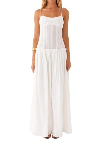 Elenint Womens Spaghetti Strap Maxi Long Dress Bohemia Style White