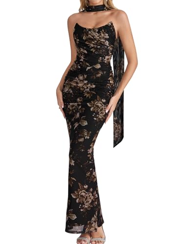 EYNMIN Women's Corset Tube Long Formal Wedding Guest Dresses with Scarf