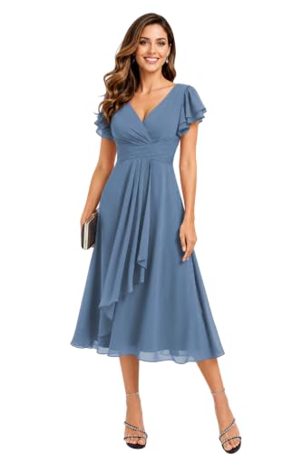 Slate Blue Bridesmaid Dresses for Wedding A Line V Neck Pleats Ruffle Flowing Midi Flowy Formal Maxi Dresses US10