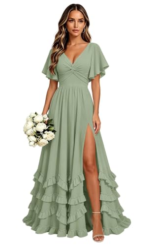 Bridesmaid Dresses with Tiered Ruffle Slit A Line Long Formal Evening Gown Sage Green-14