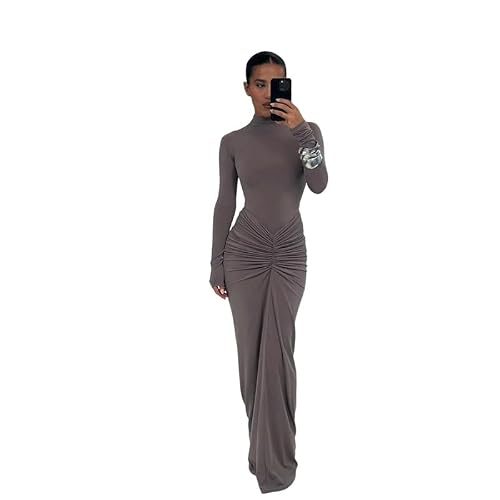 UEHCNFU Womens Sexy Maxi Dress Long Sleeve Ruched Bodycon Turtleneck Club Party Casual Wedding Dresses (Grey,Large)