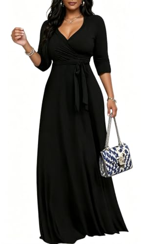 Maxi Dresses for Women Plus Size Casual 3/4 Sleeve Long Dress with Belt | Versatile plus-size maxi dress,wrap v-neck + waist tie craft soft glamorous looks easily for party,everyday casual outings