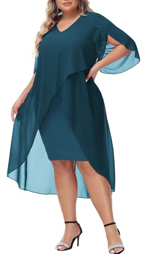 Hanna Nikole Plus Size Cocktail Dress Over 50 Ruffle 3/4 Sleeve Midi Party Dress Peacock Blue 20W