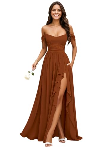 SSXUONB Rust Off‑Shoulder Chiffon Bridesmaid Dresses for Women 16W