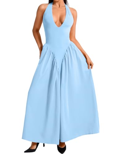 ChiaoLezhee Deep V Neck Dress, Halter Maxi Dresses, Vacation Date Night, Sexy for Women Corset Flowy Wedding Guest Drop Waist Bridesmaid A Line Pastel Backless Semi Formal, Light Blue, Large