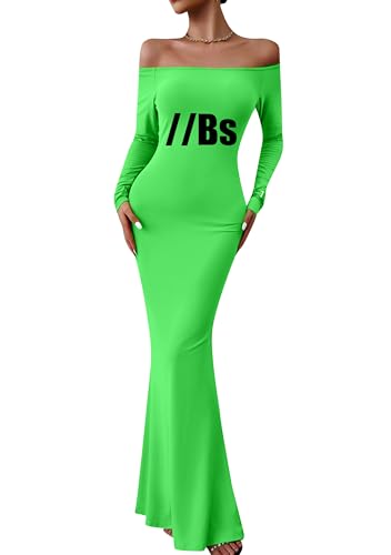 GORIFE Women's Off Shoulder Long Dress Stylish Sexy Dresses Bodycon Solid Color Dress Qing Lv 4XS