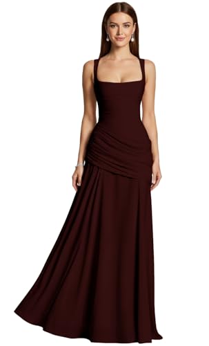 Lanbaodress Long Chiffon Bridesmaid Dresses for Women 2026 Spaghetti Straps A Line Pleated Prom Formal Maxi Dress Burgundy Size 6