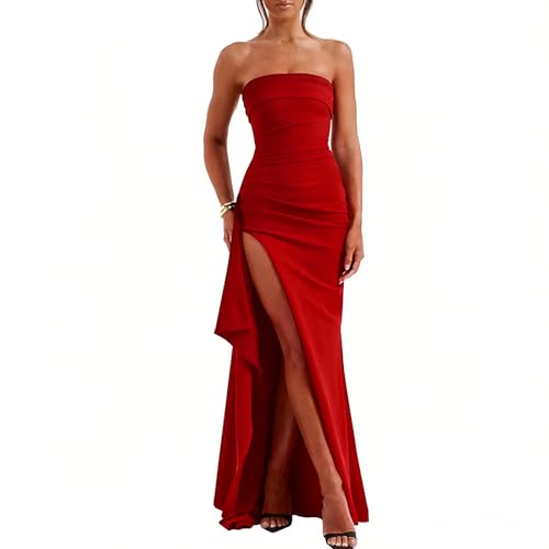 Caintima Women's Backless High Split Strapless Prom Formal Dress, S Red