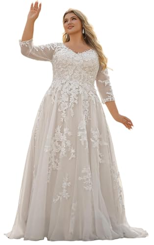 Elegant Plus Size Wedding Dresses with Lace Applique V Neck Long Sleeves Beach Bridal Gowns A Line Tulle Curvy Wedding Dress for Bride B-Ivory