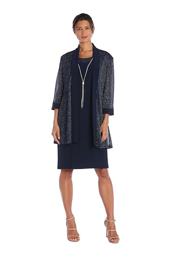 R&M Richards Women's 2-Piece Metallic Rib Knit Pleated Jacket & Shift Dress