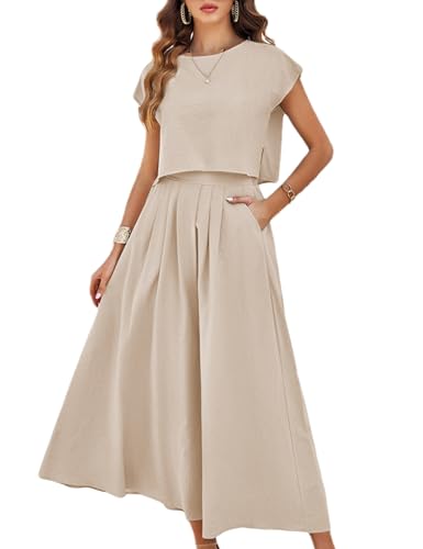 Mingzhu Womens 2 Piece Outfits Skirt Set Summer Casual Cap Sleeve Crop Tops Maxi Dress Sets with Pockets(0919-Khaki-S)