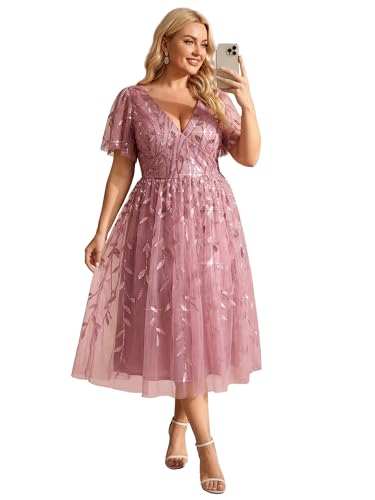 Ever-Pretty Womens Embroidered Tulle Plus Size Cocktail Evening Party Dress A-Line Midi Wedding Guest Dresses for Curvy Women Orchid US16