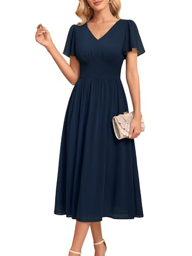 MSBASIC Work Dress for Women Summer Semi Formal Graduation Midi Dresses | Navy Blue, Banquet Evening Dress, V Neck Smocked, Modest Elegant, Flattering Dresses to Hide Tummy, Dresses for Teacher