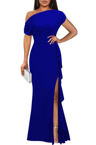 WOOSEA Women's Elegant Sleeveless Off Shoulder Sexy Ruffle Split Style Evening Formal Party Maxi Dress Royal Blue