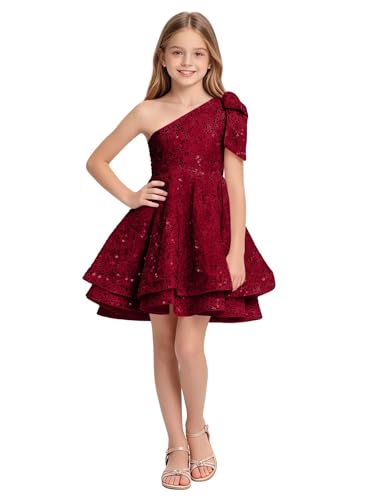 Nuopbb One-Shoulder Bow Junior Bridesmaid Dresses Sparkly Sequin Flower Girl Dress Layered Skirt Burgundy Mini Formal Prom Graduation Holiday Wedding Party Prom Dance Gown, 18Y