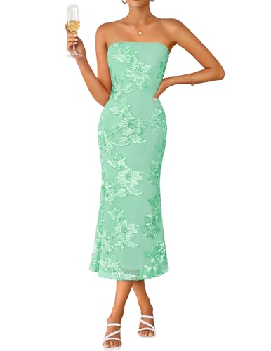 ZESICA Summer Strapless Floral Wedding Guest Dress for Women Mint M | Formal Bodycon Mesh Tube Midi Dresses, Elegant Bridal Shower Bridesmaid Birthday Holiday Dinner Party, Fashion Evening Gown