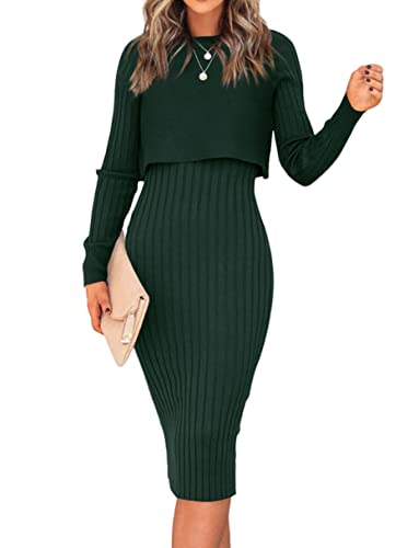 EZBELLE Women's Casual Long Sleeve Sweater Dresses 2 Piece Outfits Sets | Knit Crop Tops Bodycon Midi Tank Dress (Dark Green )Formal Winter Fall Christmas Country Concert Church Party