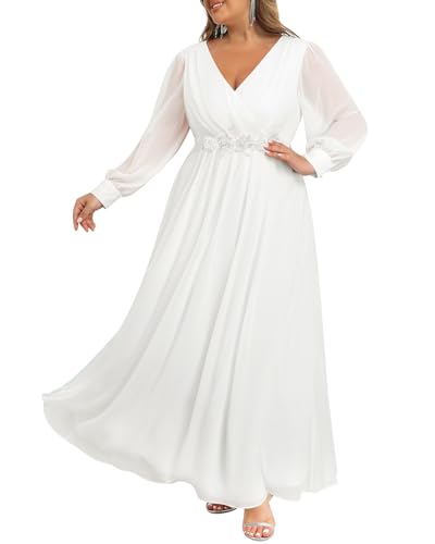 Pinup Fashion Women Plus Size Wedding Dress Long Sleeve White Bridal Shower Formal Chiffon Bride Elegant Wrap Ruched A-Line Maxi Dress