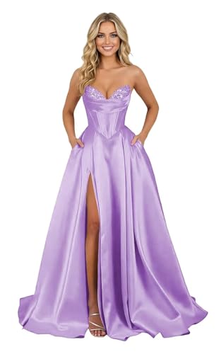 A Line Satin Pockets Strapless Long Sparkly Lilac Prom Dresses