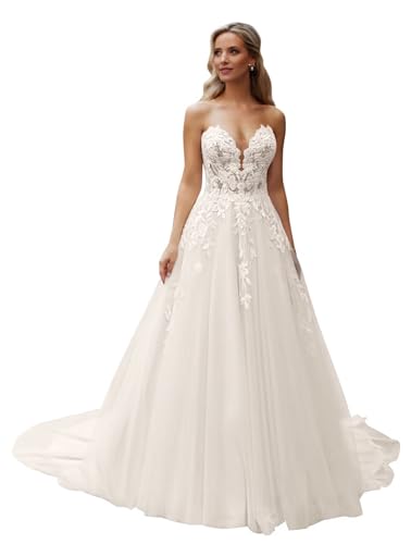 Strapless Lace Wedding Dresses for Women 2026 Long Tulle A-Line Sweetheart Open Back Beach Wedding Bridal Dress for Bride Ivory US8