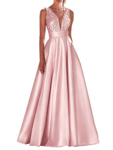Liopus Satin Sequin Formal Dress Long V Neck Prom Gown Blush Pink US14