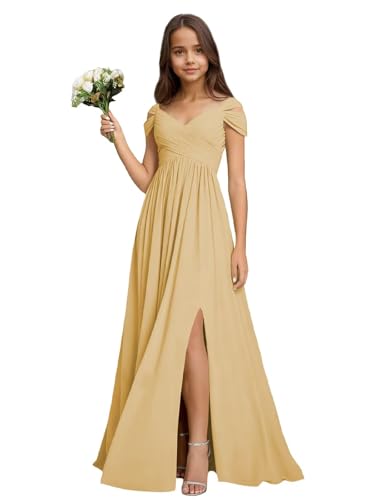 Gnleyane Chiffon Junior Bridesmaid Dresses for Teen Girls Champagne Flower Girl Dress Off Shoulder Girls Wedding Guest Gowns Size 15