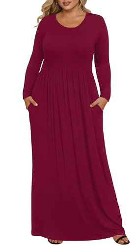 OLRIK Plus Size Dresses Fall 2026 Long Sleeve with Pockets Wine Red 5X