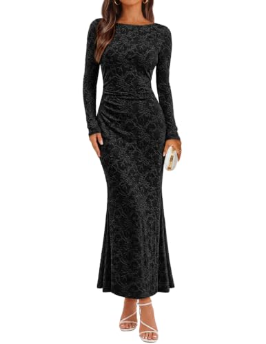 MEROKEETY Women's Fall Wedding Guest Formal Floral Maxi Dresses, Black, M