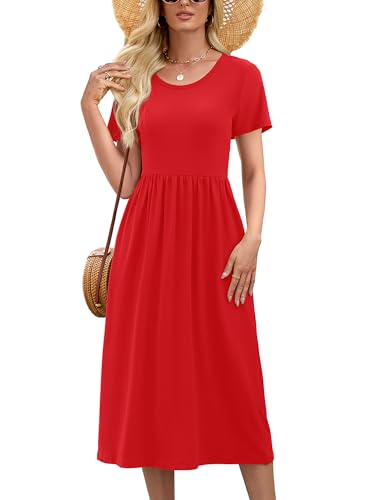 Heymoments Short Sleeve Midi Dress for Women, Red, Medium