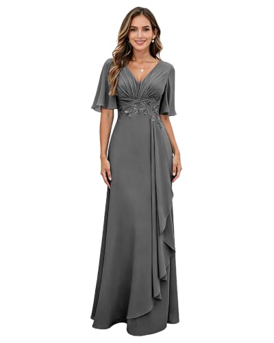 OGQUMIB Floor Length V Neck Mother of Bride Dresses Grey