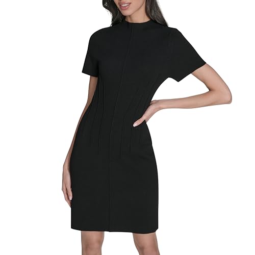 Eliza J Women's Short Sleeve Mock Neck Pinktuck Sheath Sweater Dress, Black, X-Large