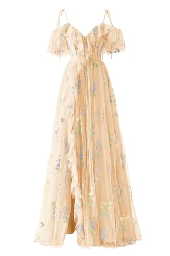 Basgute Flower Embroidery Tulle Spaghetti Strap Long Prom Dresses for Women Champagne Slit V Neck Fairy Maxi Formal Evening Party Gowns with Pockets US12