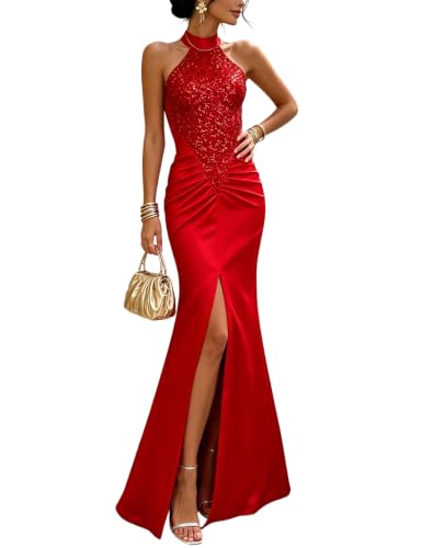 NATTEMAID Sexy Halter Sequin Sparkly Satin Evening Ball Gown Prom Maxi Long Dress Red Medium