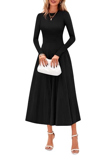 PRETTYGARDEN Women's Long Sleeve Knit Maxi Sweater Dress,Black,M | Soft Pleated, Slim Fit A Line, Elegant Fall Wedding Guest Cocktail Holiday Parties Church Long Dresses, 2026 Winter Clothes