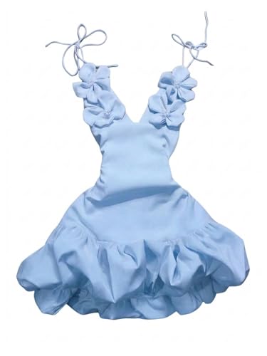 SOLY HUX Women's Summer Bubble Mini Dress 3D Floral Deep V Neck Tie Shoulder Spaghetti Strap A Line Party Going Out Dresses Light Blue Medium