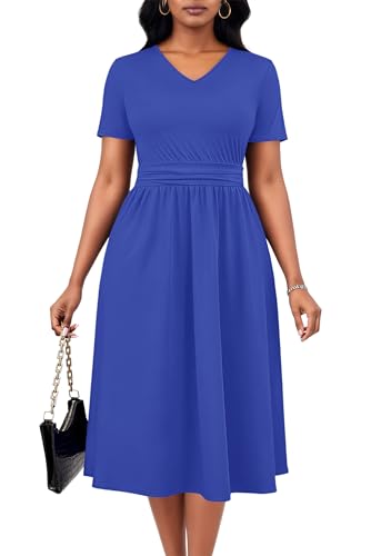 KARALIN Women A-Line Midi Dress V Neck Pleated Short Sleeve Pockets Blue