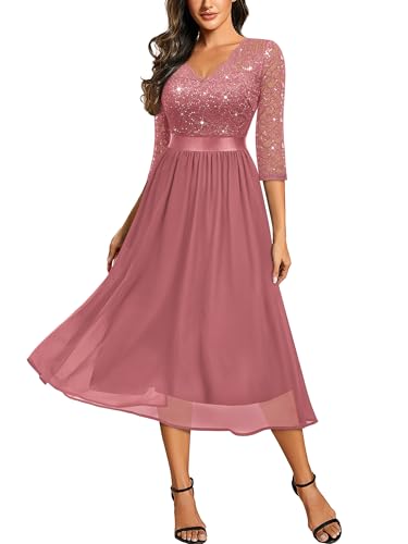 Miusol Women's V-Neck Sequin Lace 3/4 Sleeve Bridesmaid Party A-line Dress